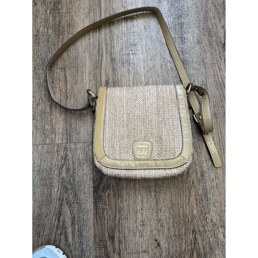Sarah Violet Straw Woven Crossbody Bag Tan Patent Trim Small Summer Purse‎ - Picture 2 of 16